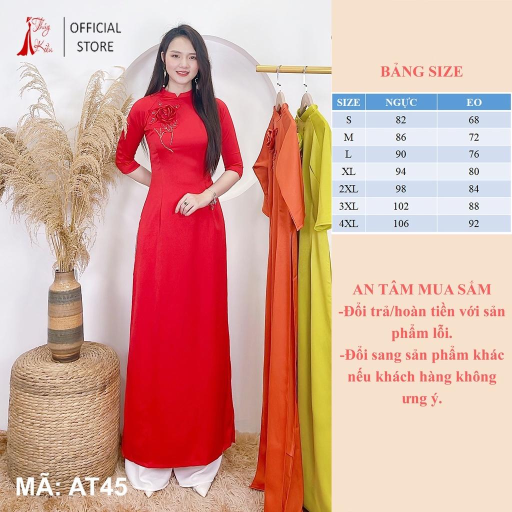 Áo dài lụa Tây Thy nền đỏ đính nhành hoa AT45 mềm mại, co giãn, áo dài giá rẻ