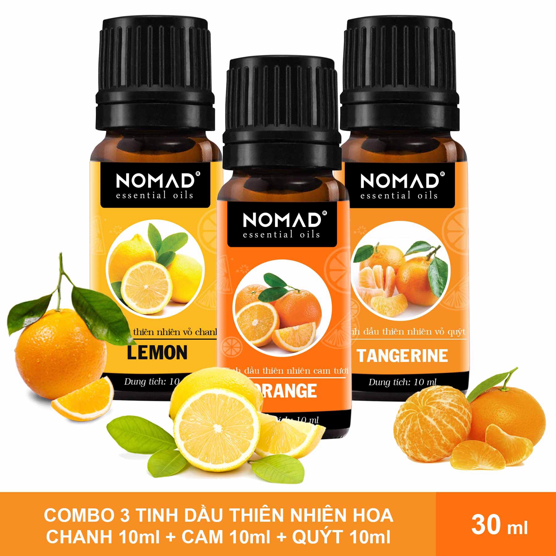 Combo 3 Tinh Dầu Nguyên Chất Nomad: Tinh Dầu Vỏ Cam (10ml) + Tinh Dầu Vỏ Chanh (10ml) + Tinh Dầu Vỏ Quýt (10ml)