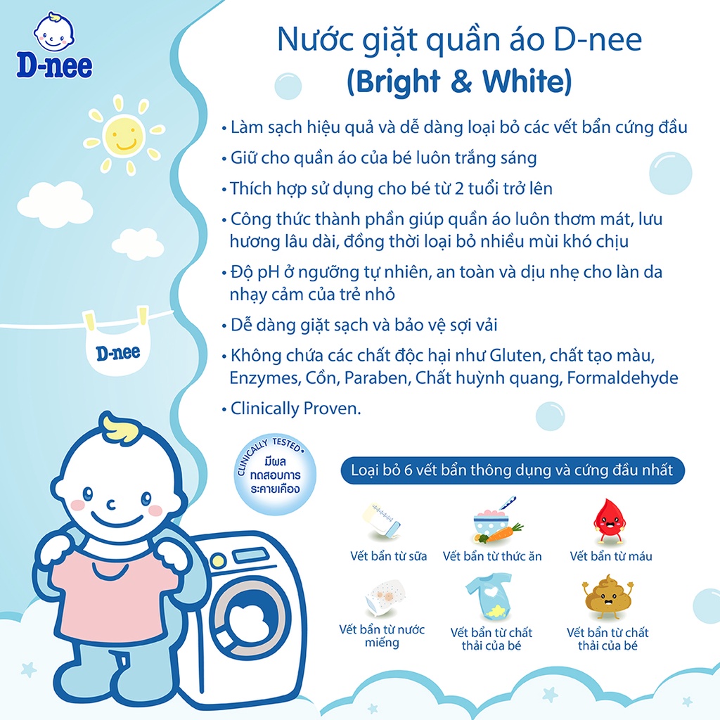 Dung Dịch Giặt Quần Áo Cho Bé D-Nee - Túi 600ml (Trắng) Dành cho bé từ 02 Tuổi trở lên