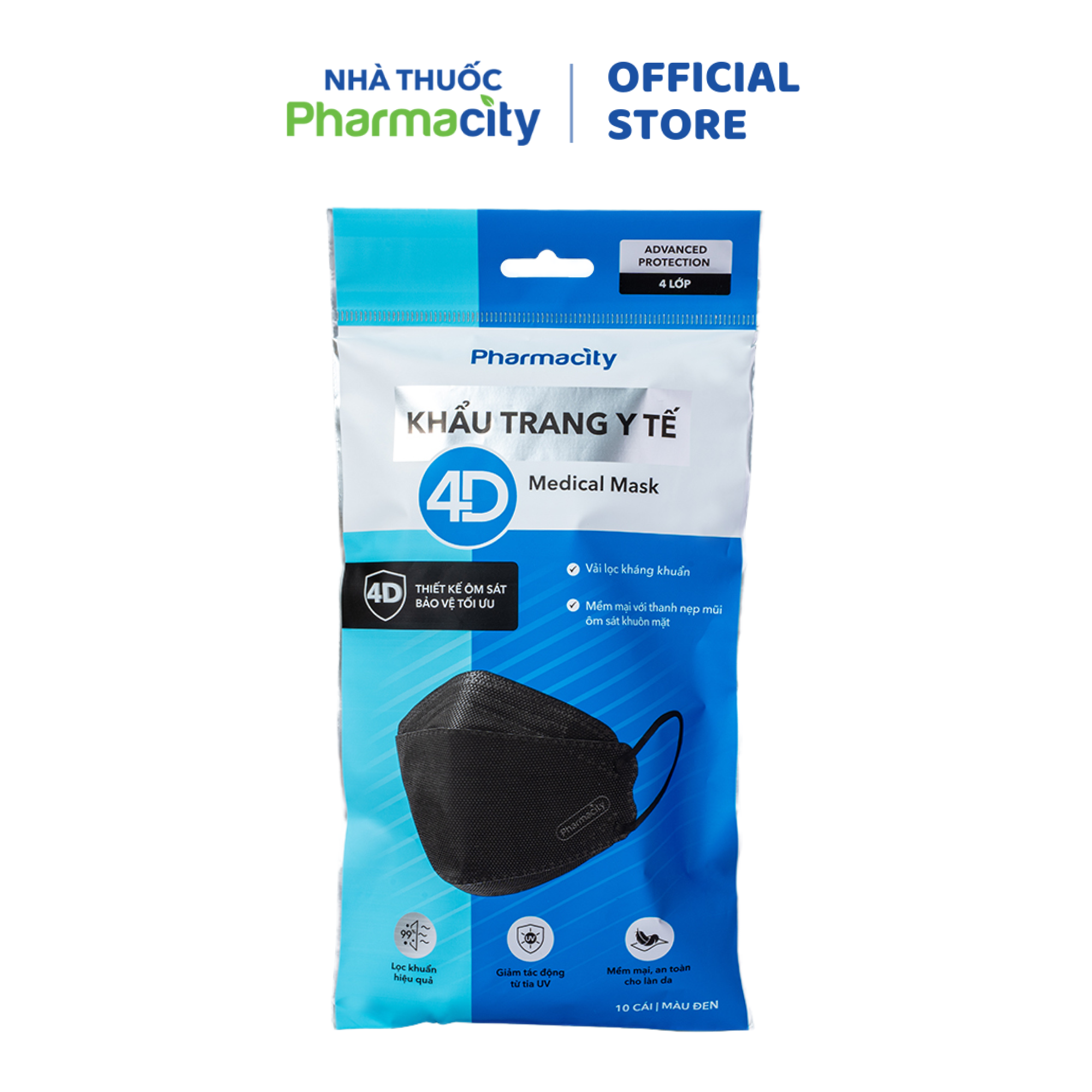 Khẩu trang y tế Pharmacity 4D Màu đen (Gói 10 Cái)