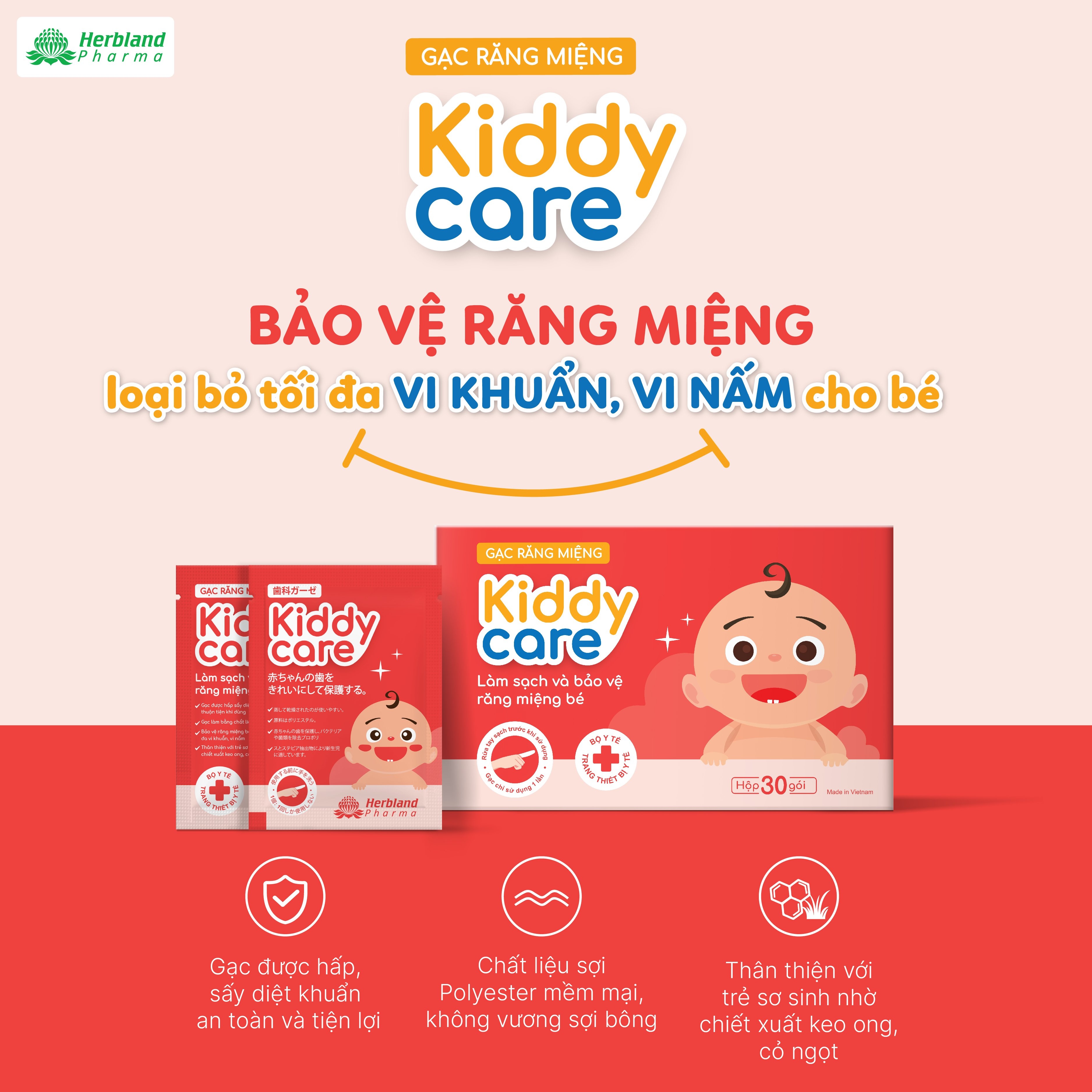 Gạc Rơ Lưỡi, Vệ Sinh Răng Miệng Cho Bé KIDDYCARE HERBLAND hộp 30 gói