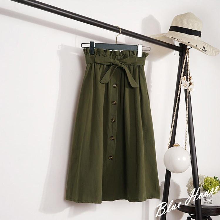 Chân Váy Midi Nữ Kaki Nơ Eo Viền Bèo Hàng Cúc Giữa Dáng Dài