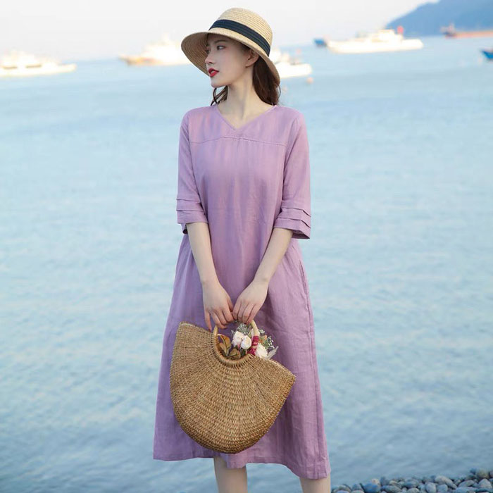 Đầm suông linen tay lỡ cổ tim tím nhạt sang trọng ArcticHunter, thời trang thương hiệu chính hãng