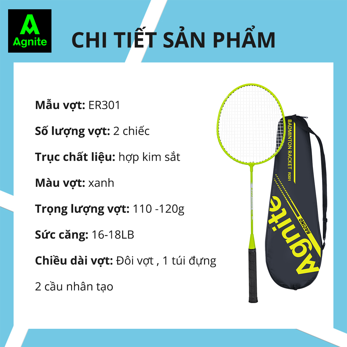 [RẺ NHẤT MALL] Bộ 2 vợt cầu lông giá rẻ chính hãng Agnite, bền, nhẹ, tặng kèm túi vợt và quả cầu lông - ER301/ER302