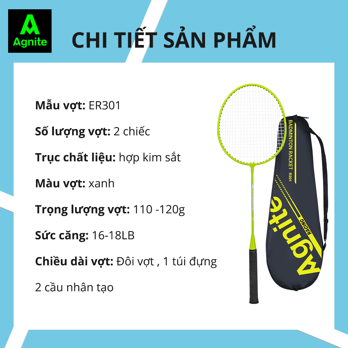 [GIÁ CHỈ 59K] Bộ 2 vợt cầu lông giá rẻ chính hãng Agnite, bền, nhẹ, tặng kèm túi vợt và quả cầu lông - ER301/ER302