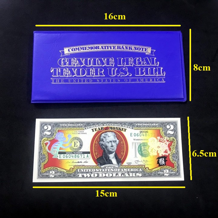 Tờ kỷ niệm 2 USD con Khỉ 2016, được in bằng mực màu vàng phản quang, làm quà tặng sang trọng, độc đáo, ý nghĩa - TMT Collection - TLX063
