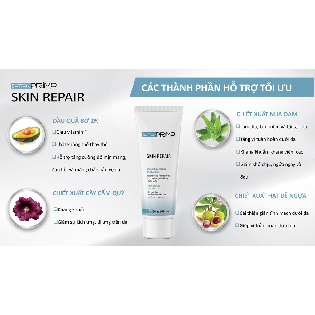 Kem Bôi Viêm Da Cơ Địa, Chàm Da, Eczema, Da Nứt Nẻ DottorPrimo Skin Repair - Giảm Mẩn Ngứa, Thô Ráp (Tuýp 20-50ml)