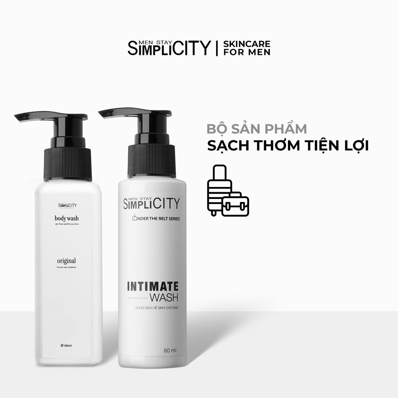 Bộ đôi tắm sạch toàn thân nhỏ gọn, tiện lợi, dễ mang theo: Sữa tắm tinh dầu cao cấp 100ml và Dung dịch vệ sinh nam 80ml làm sạch & ngăn mùi Men Stay Simplicity