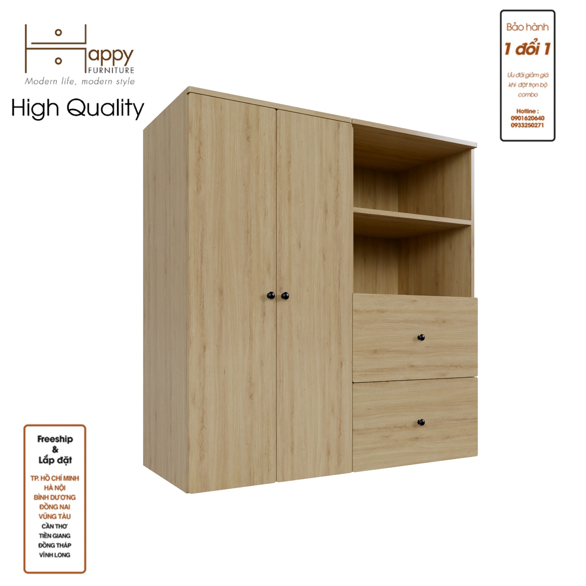 [Happy Home Furniture] SCANDINA, Tủ quần áo 2 cánh mở - 2 ngăn kéo ,120cm x 42cm x 120cm ( DxRxC), TCM_094