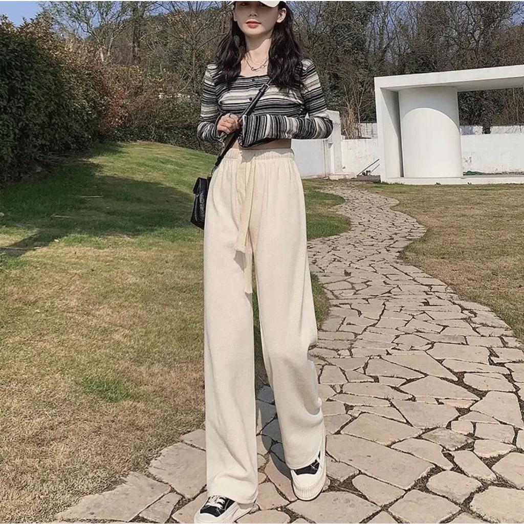 Quần ống rộng nữ, Quần nhung tăm nữ Timo có dây rút cạp chun, ống suông dáng dài basic, phong cách unisex Hàn Quốc QN006