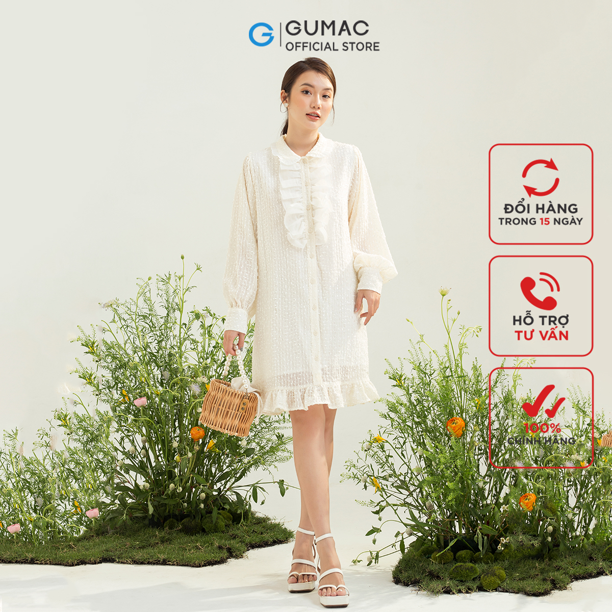 Đầm kiểu sơ mi GUMAC DC03027 form rộng nhún lai cổ sen phối bèo tao nhã