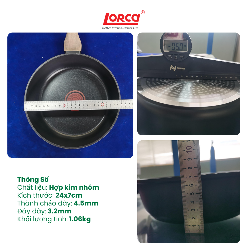 Chảo Chống Dính 5 Lớp Liền Khối Lorca TA 2034A Dùng Cho Mọi Loại Bếp, Cảm Biến Nhiệt, Sâu Lòng
