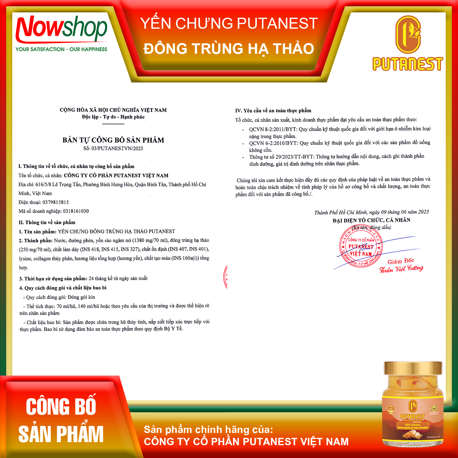 Yến chưng Đông trùng hạ thảo PUTANEST hộp quà tặng cao cấp 12 hũ 70ml đẹp da tăng sức đề kháng