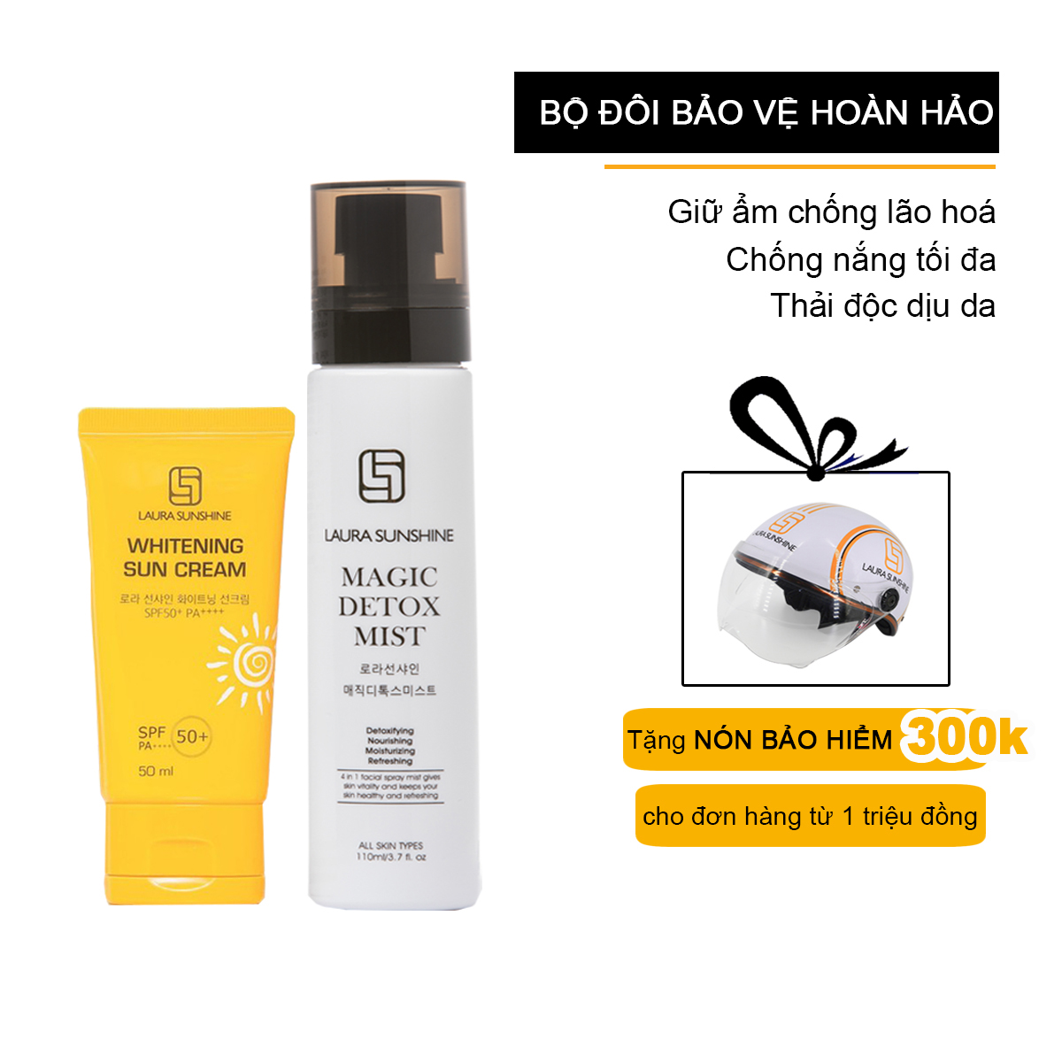 Bộ Kem Chống Nắng Bảo Vệ Hoàn Hảo Cho Da Mặt Whitening Sun Cream Laura Sunshine 50ml & Xịt khoáng Thải Độc Magic Detox Mist Laura Sunshine 4in1 110ml - tặng nón bảo hiểm 