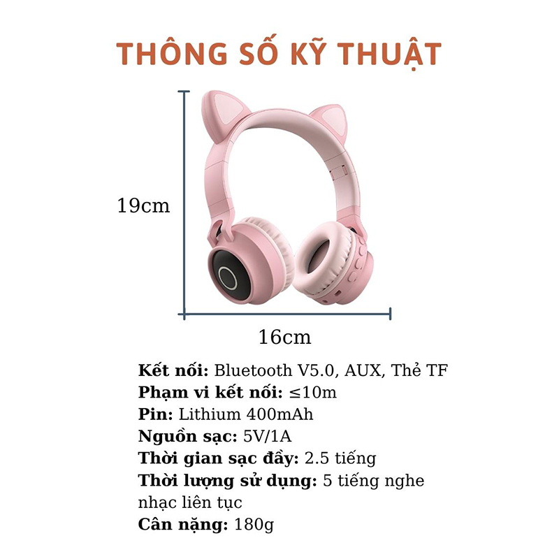 Tai nghe mèo headphone chụp tai bluetooth không dây kèm đèn led bass mạnh có mic