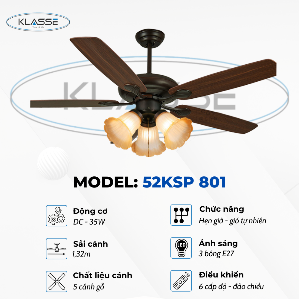 Quạt trần chùm đèn Klasse 52KSP 801 Hàng chính hãng