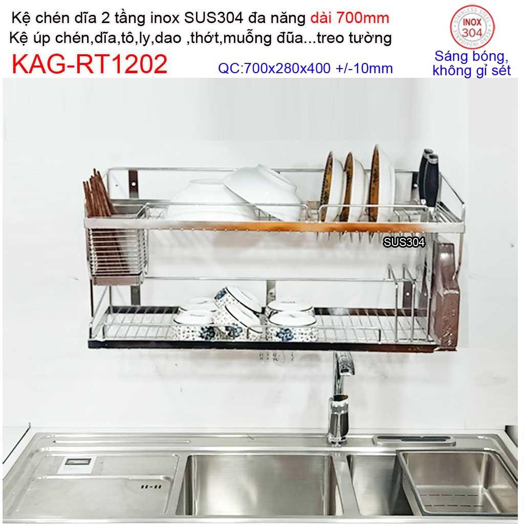 Kệ úp chén dĩa 2 tầng 70cm đa năng inox 304, kệ chén dĩa 2 tầng inox KAG-RT1202
