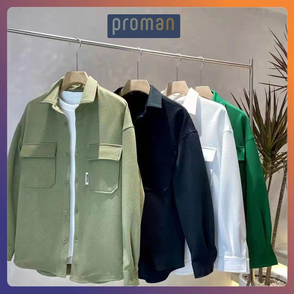 Áo khoác nam sơ mi form RỘNG dài tay cotton tăm, Áo khoác Sơ mi nam nữ có cổ phong cách hàn quốc SM03 - PROMAN