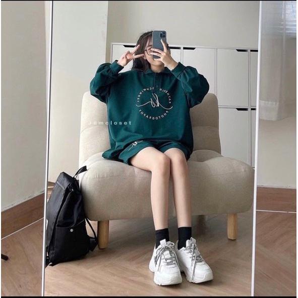 Set đồ nam nữ form rộng unisex-áo polo dài tay cúc cài kèm quần short đùi logo chất thun tăm