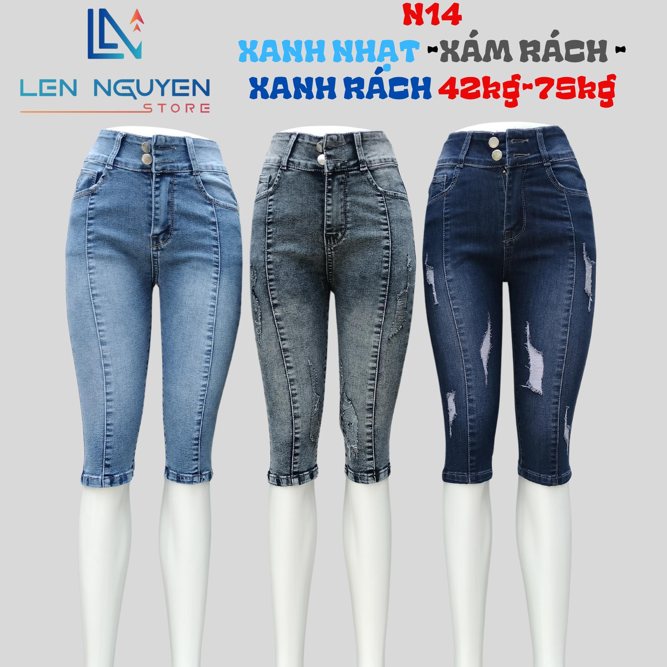 N14_Quần jean nữ, ngố 7 tất, lưng cao, quần bò nữ dáng ôm, quần rin nữ có big size, cho 42kg đến 75k - Xám Rách