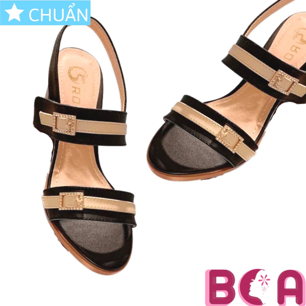 Giày sandal nữ gót trụ 7p RO528 ROSATA tại BCASHOP kiểu dáng thời trang, phối màu lạ mắt và độc đáo giữa đen và da