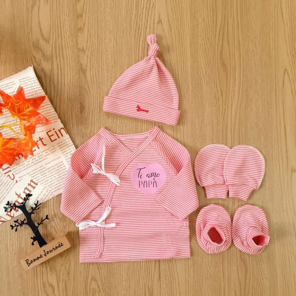 [Dưới 6kg] Set Áo Cột Dây Kèm Nón, Bao Tay Bao Chân Sơ Sinh Cho Bé - BunnyBaby