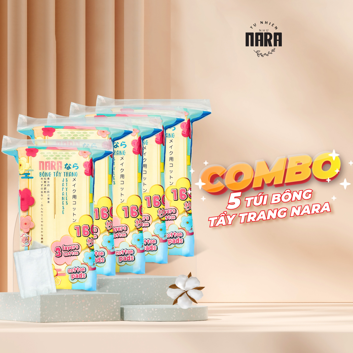 COMBO 3 Bông Tẩy Trang Cotton Pads NARA 3 Lớp 160 Miếng