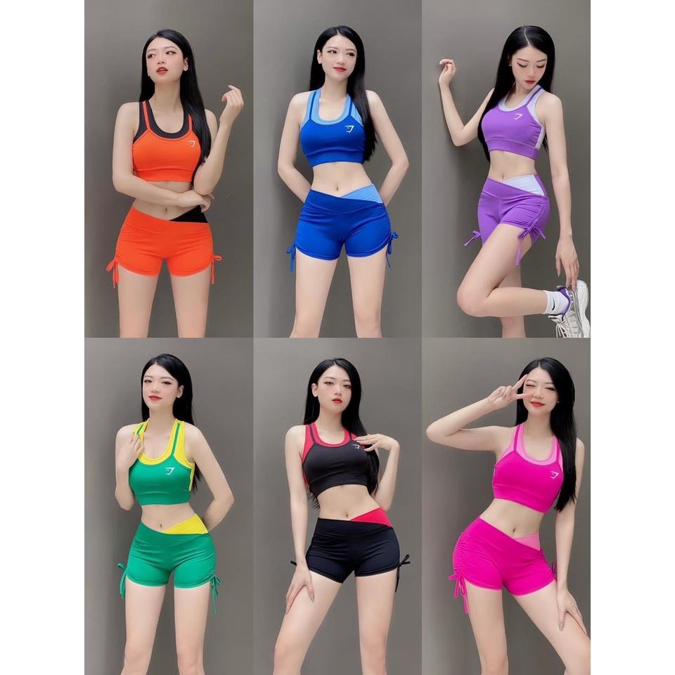 Set bộ đùi thể thao tập gym yoga nữ áo bra kèm mút quần đùi cạp cao rút dây