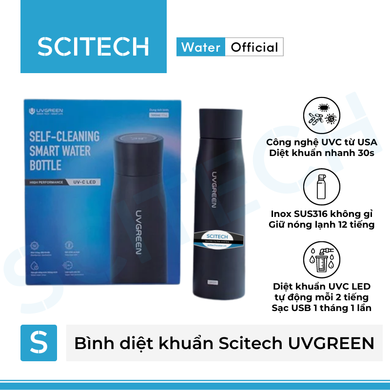 Bình nước giữ nhiệt diệt khuẩn Scitech UVGREEN 500ML - Hàng chính hãng