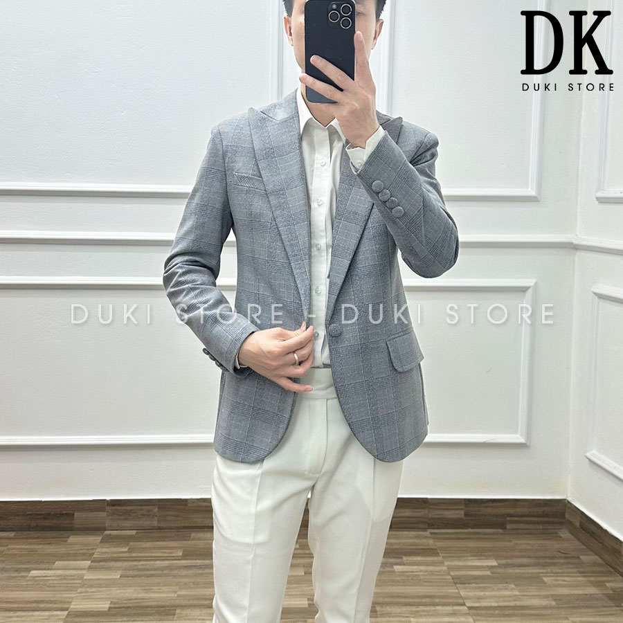 Áo vest nam, áo blazer nam 1 cúc Hàn Quốc kẻ caro dạ màu ghi sáng thanh lịch BDK0009 - DUKI STORE