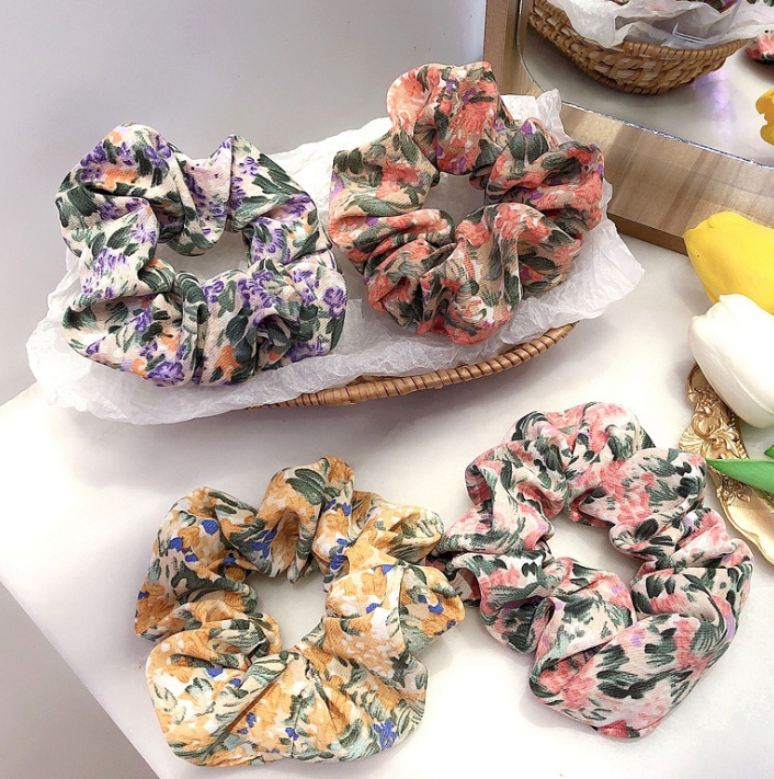 Dây buộc tóc Scrunchies vải mềm Vintage in hoa dịu dàng HD55