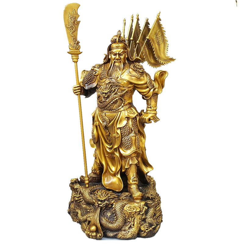 Tượng quan công đứng rồng phun châu năm cờ cỡ đại bằng đồng thau phong thủy