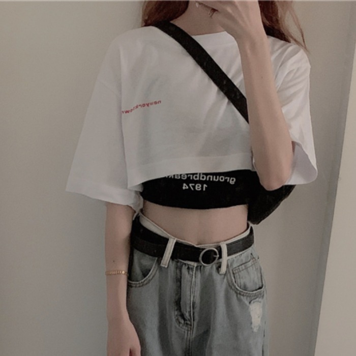 Áo croptop nữ 74, áo thun nữ thời trang, chất liệu cotton, loại áo ngắn tay 2 áo trong một, họa tiết chữ, màu sắc đơn giản, form free size, hàng đẹp