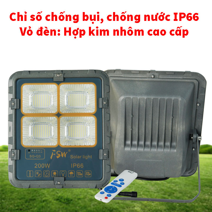 Đèn pha năng lượng mặt trời 200W cao cấp FSW-200 dây dài 5m ánh sáng trắng chiếu sáng liên tục trên 12h