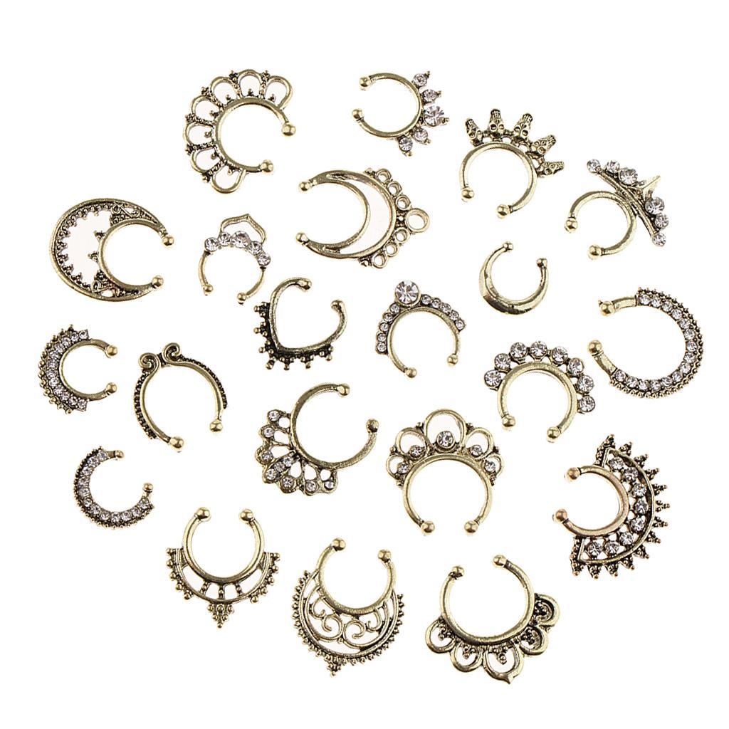 2-3pack 21 Pieces Crystal Fake Septum Clicker Nose Ring Non-piercing Antique