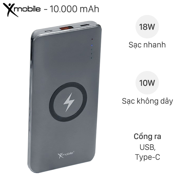 Pin sạc dự phòng không dây Polymer 10.000 mAh Type C PD QC3.0 X-mobile P66D - Hàng chính hãng