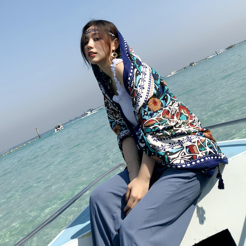 Khăn Choàng Boho Đi Biển, Khăn Quàng Cổ Họa Tiết Thổ Cẩm Mỏng Nhẹ