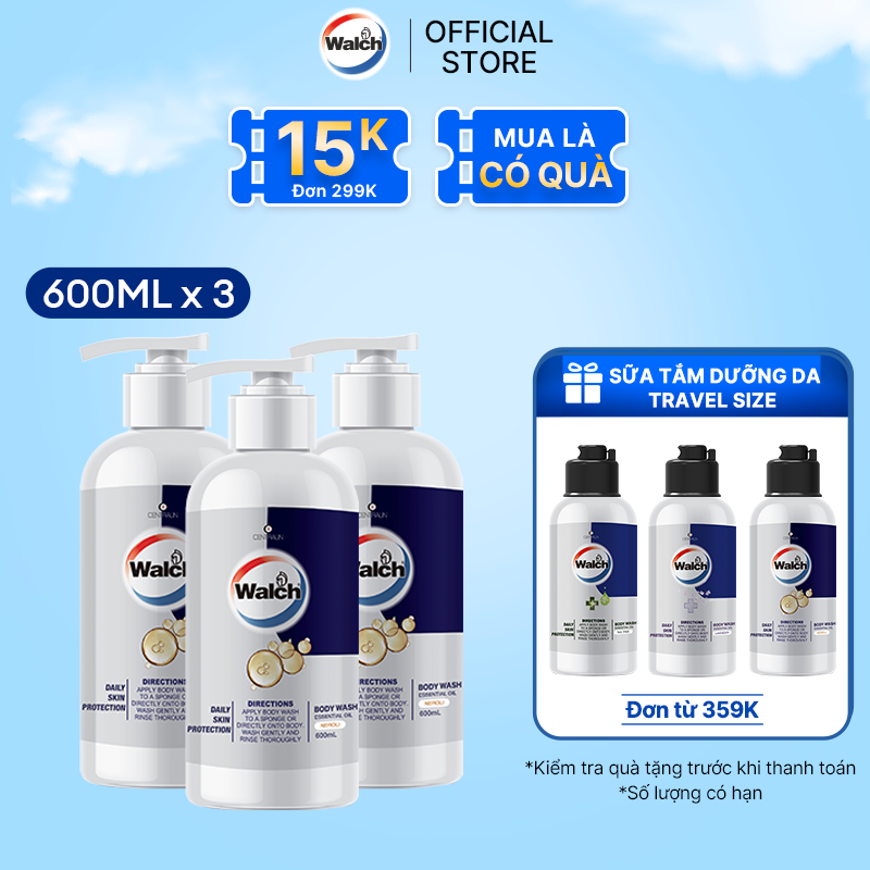 Combo 3 sữa tắm tinh dầu Walch tiêu diệt vi khuẩn, dưỡng ẩm mềm mịn, tái tạo làn da - Hương Neroli (600mlx3 )
