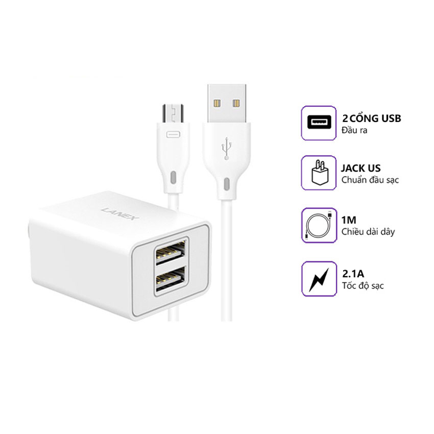 Bộ cốc sạc, cáp sạc nhanh MicroUSB LANEX LCK-06CM cổng USB 2.1A dây 1M - Hàng chính hãng