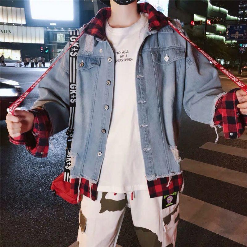 ÁO KHOÁC JEANS NAM phối sơmi đỏ nam nữ