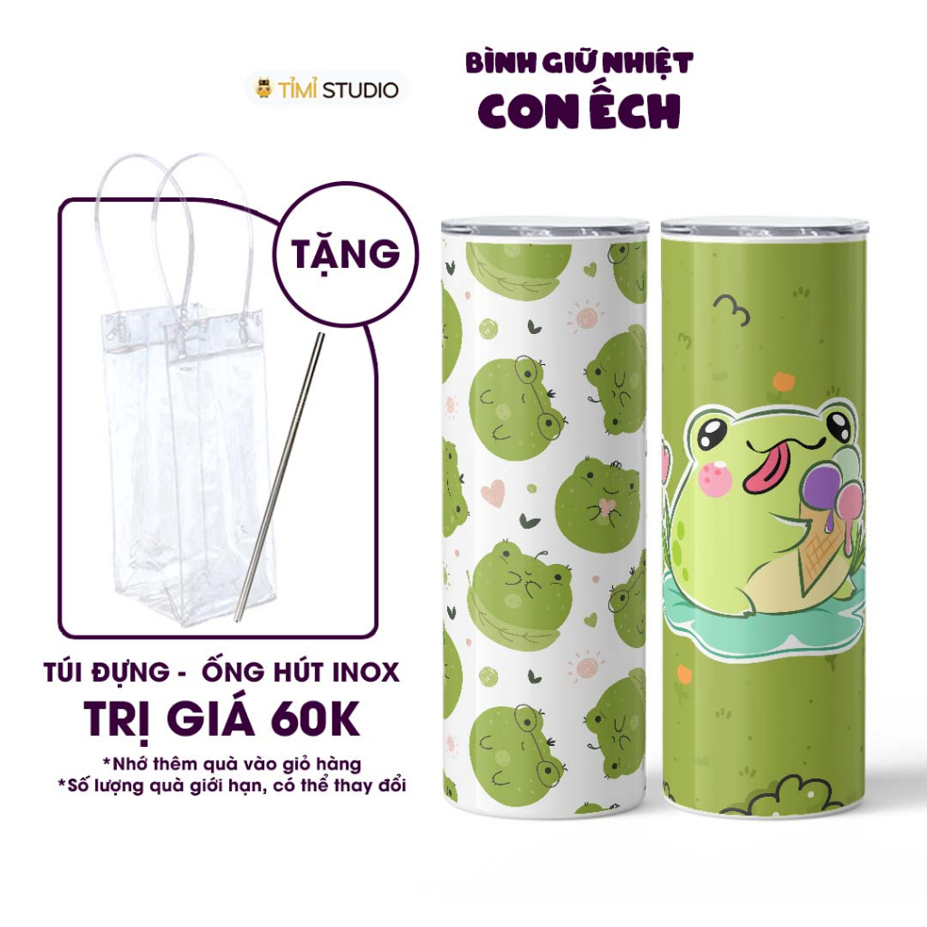 Ly Giữ Nhiệt Hình Ếch - Bình Giữ Nhiệt Hình Ếch - 600ml - Inox 304 - Tặng Kèm Ống Hút và Túi Đựng - Timi Studio