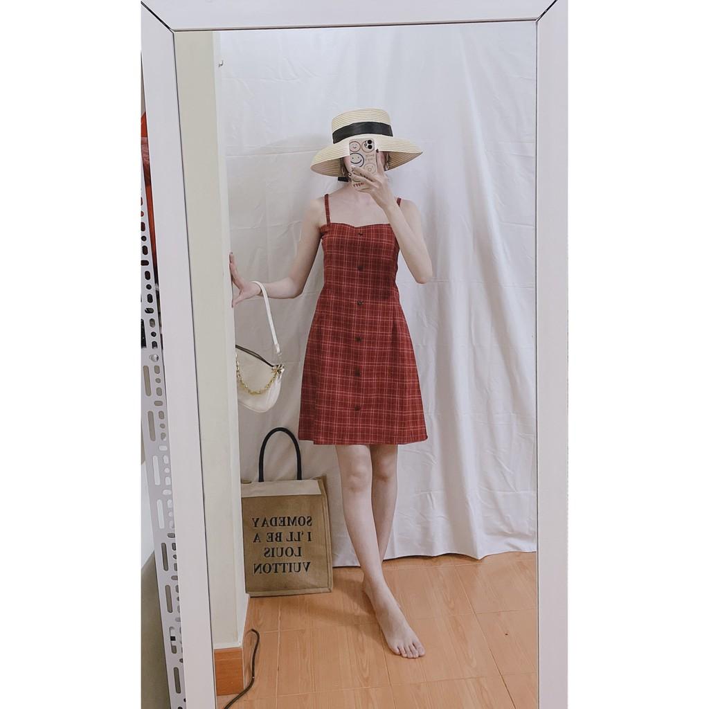 Váy, Đầm 2 Dây Nữ Kẻ Caro Đỏ Nơ Lưng Dáng Ngắn