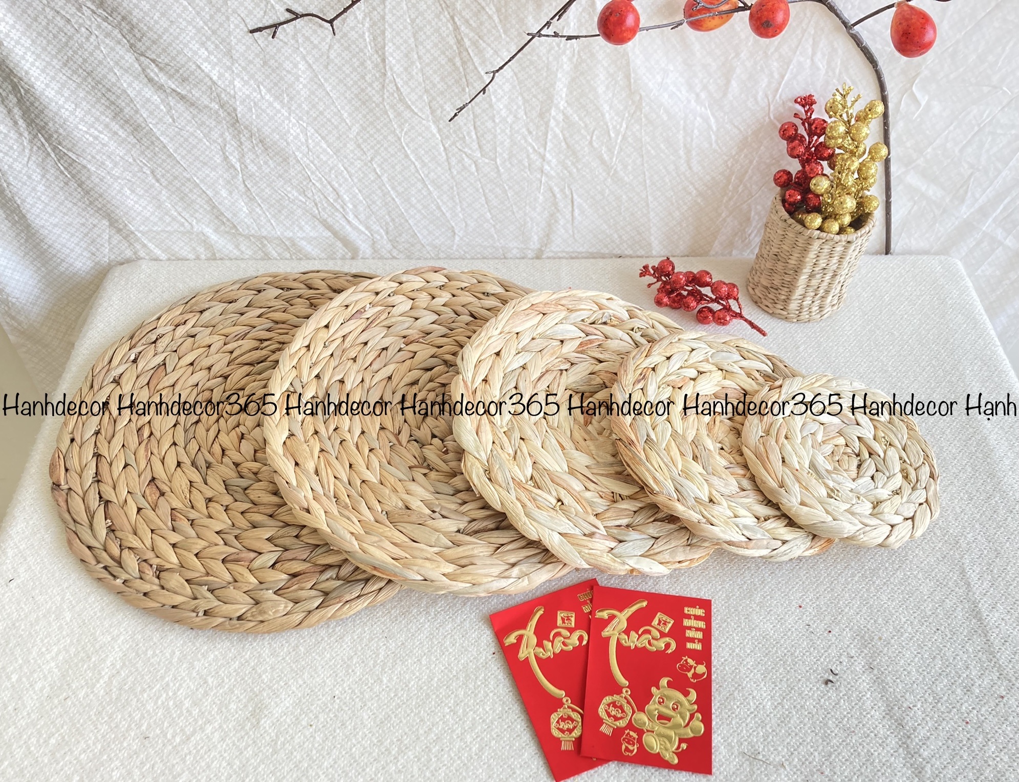 Thảm lục bình tròn vintage size 10cm/15cm/20cm/30cm/35cm dùng để chụp ảnh, trang trí, làm lót ly, bình hoa