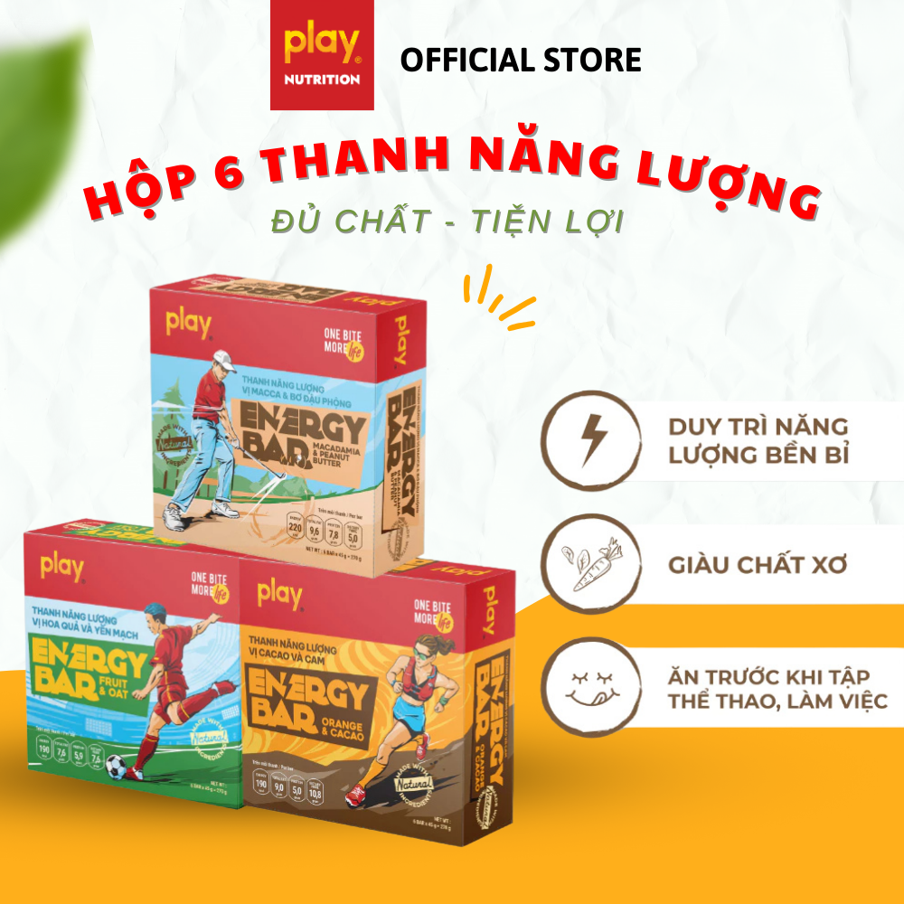 Hộp 6 thanh năng lượng PLAY 2.0 – Thanh ngũ cốc dinh dưỡng PLAY Energy Bar - Macca &amp; Bơ đậu phộng