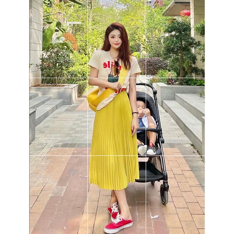 TOBE1SHOP Váy Hồng Kông nhẹ nhàng, hoạt bát, áo thun ngắn tay, thắt lưng mềm mại, váy xếp nếp, con cái mùa hè.