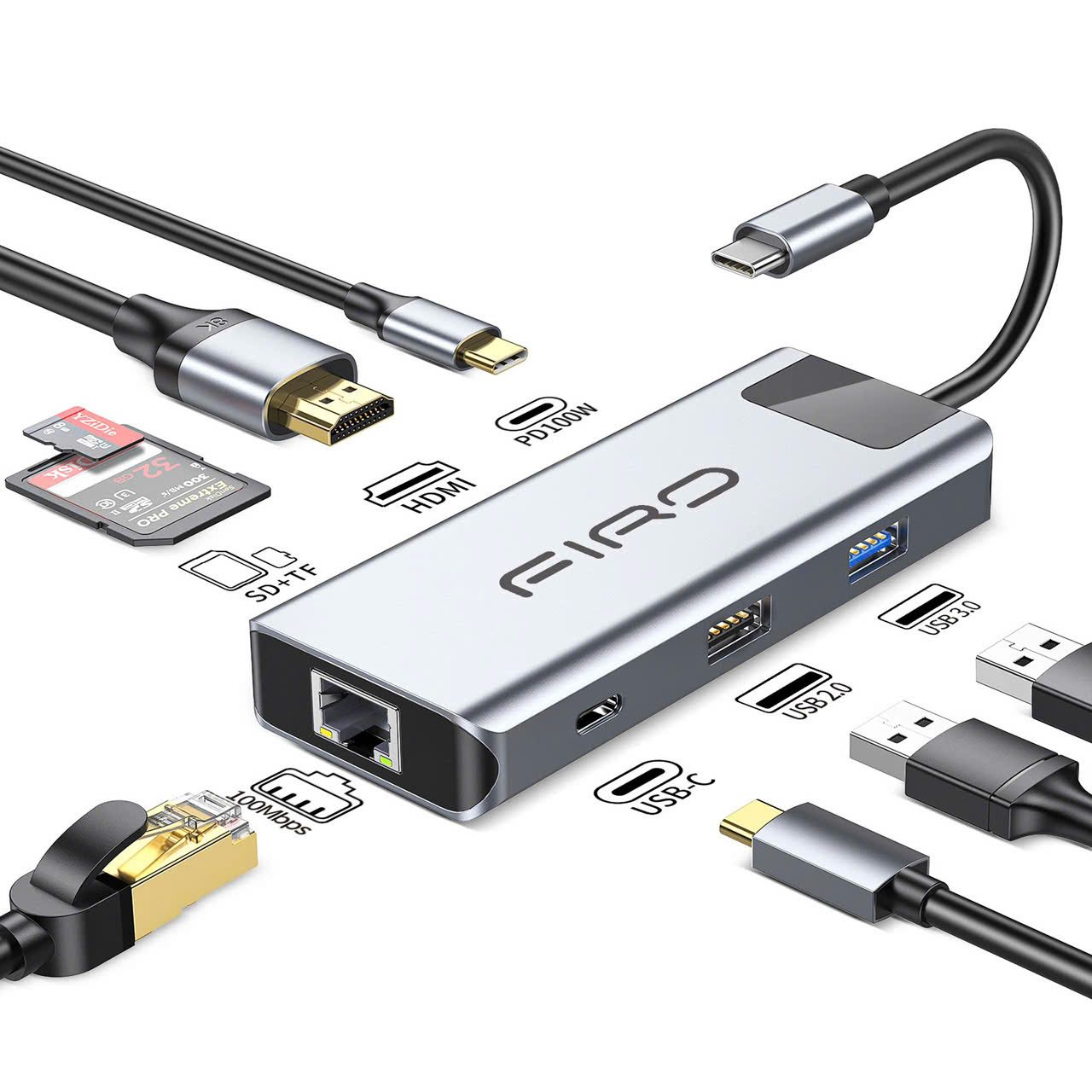 Hub Type-C FIRO 8in1 - Hub Chuyển Đổi Type-C To HDMI 8in1 Chuẩn HDTV - 1 Cổng HDMI 4K, 2 Cổng USB 3.0 / 2.0, 2 Khe Đọc Thẻ TF / SD, 2 Cổng PD / USB-C, 1 Cổng Mạng Lan - Kết Nối Tốc Độ Cao - Dùng Cho Smartphone/Laptop/PC/Tivi/Playstation - Hàng Chính Hãng