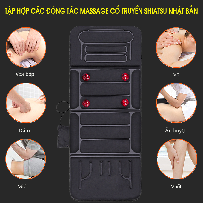 Nệm massage toàn thân nhiệt và đèn hồng ngoại OKACHI JP-M799 - màu đen