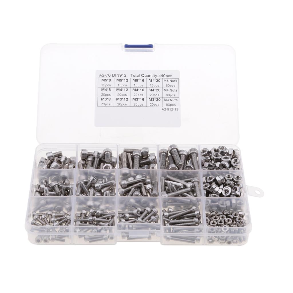 New 440pcs M3 M4 M5 304 Stainless Steel Hex Socket Head Bolts Screws Nuts Kit