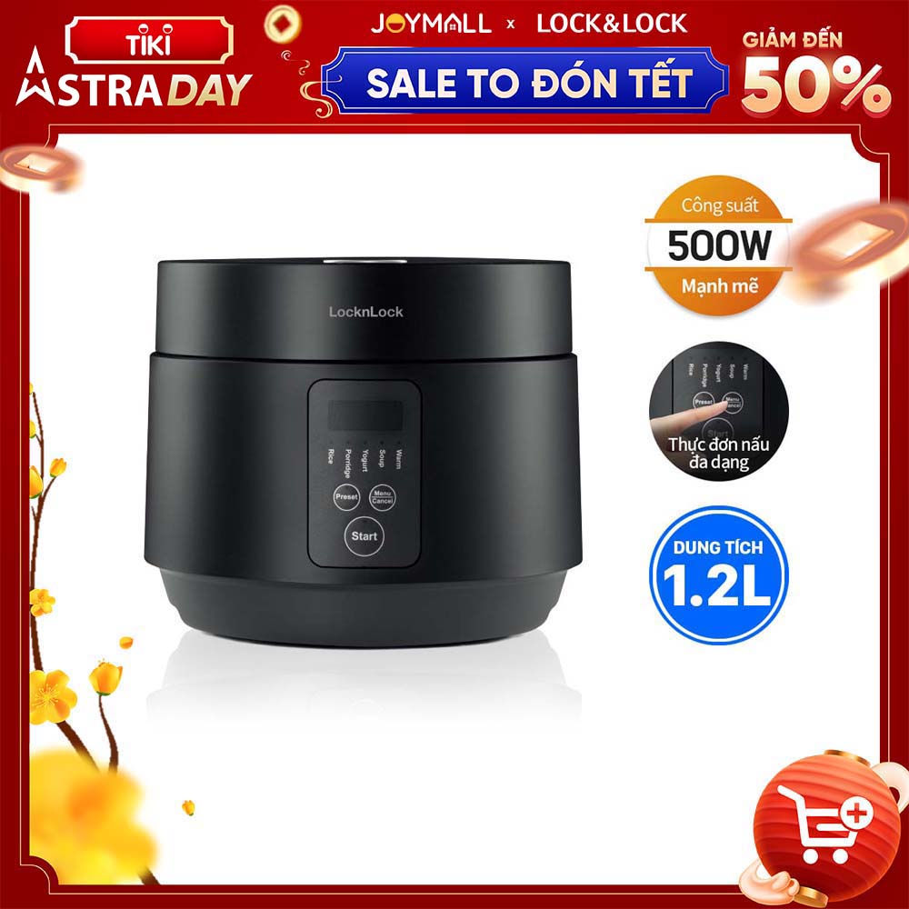 Nồi cơm điện Lock&amp;Lock Compact Rice Cooker 1.2L EJR346BLK - Hàng chính hãng có 5 chế độ nấu, dây điện tháo rời - JoyMall