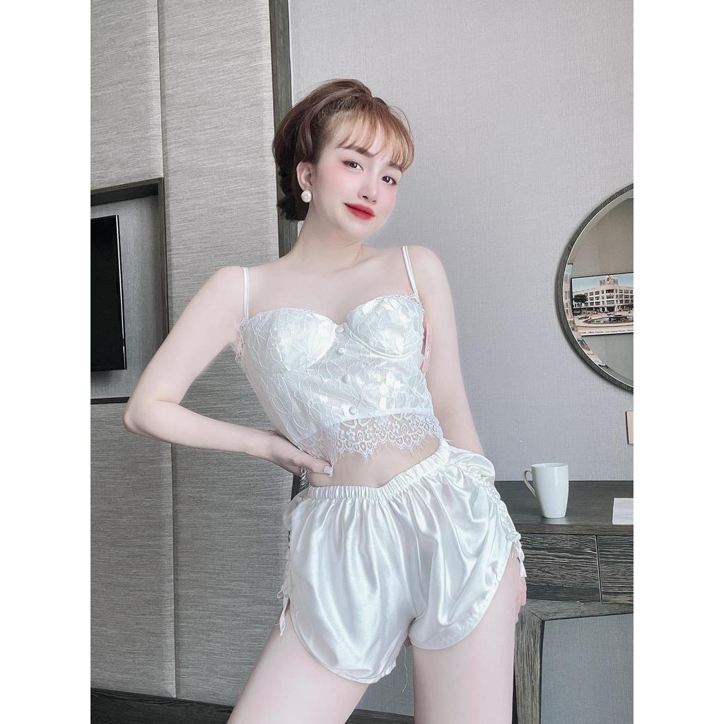 Đồ ngủ sexy nữ Bộ ngủ hai dây có mút Set ngủ gồm áo phối ren và quần có dây rút